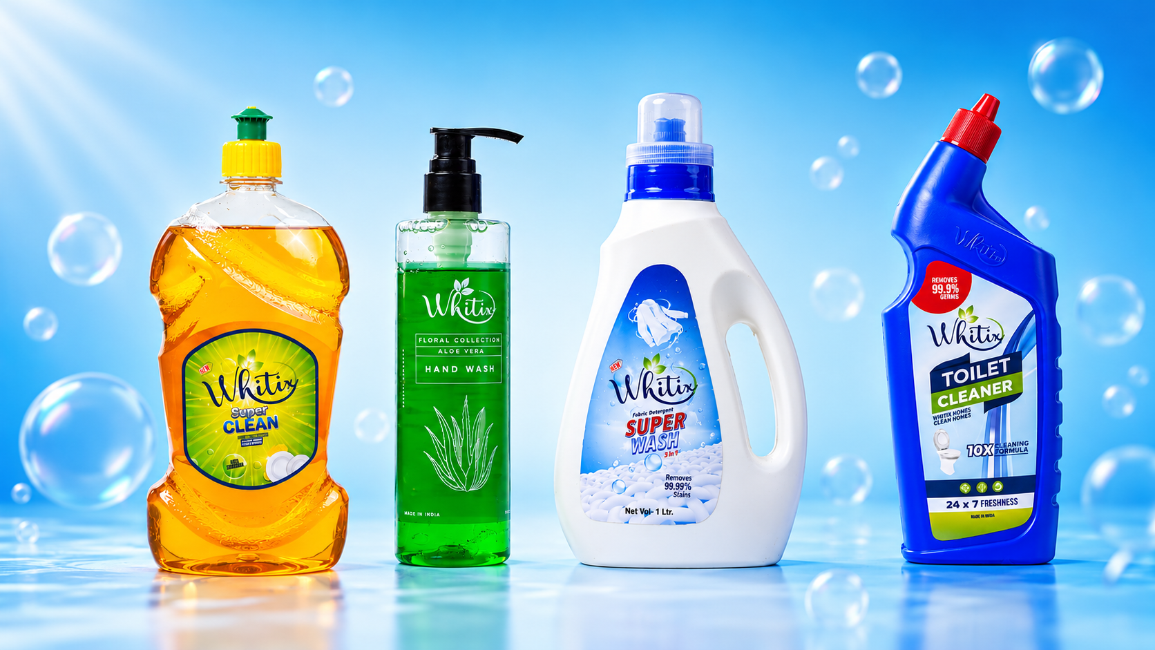 Whitix product range — Super Clean, Hand Wash, Super Wash, Toilet Cleaner