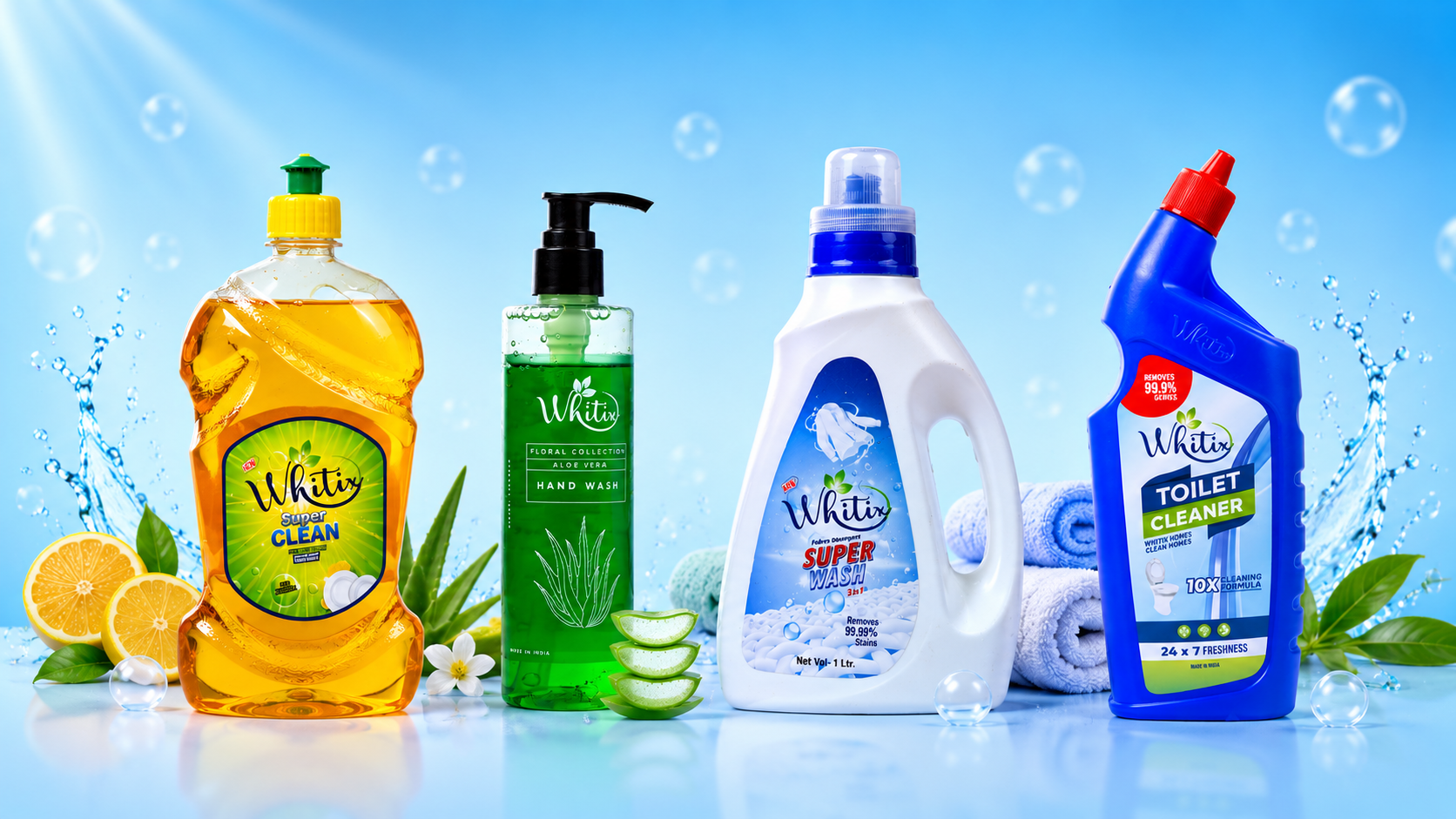Whitix product range — dishwash, handwash, fabric wash and toilet cleaner